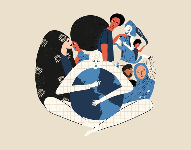 Vector the concept of cosmopolitanism tolerance the relationship of people of different nationalities and cultures hand drawn illustration