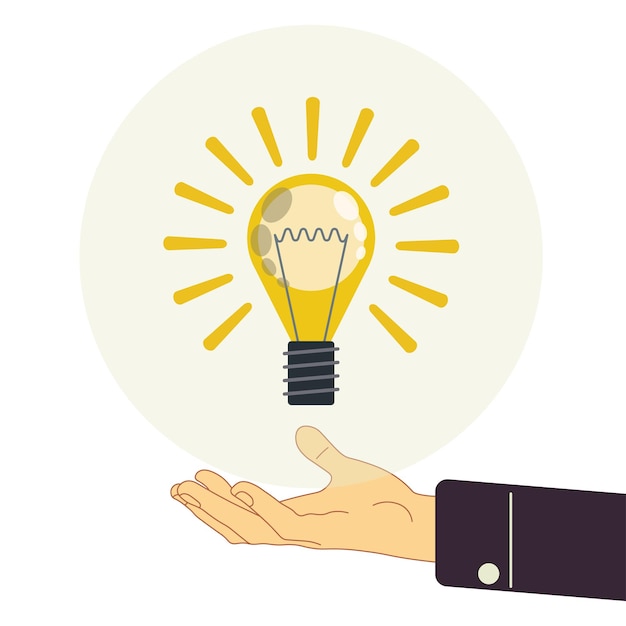 concept of a creative idea in a person's hand. light bulb in hand. bright lamp above the palm hand.