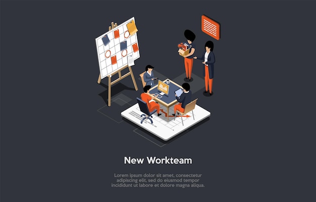 創造的なチームワーク作業チーム メンバーの概念は、オフィスで新しいプロジェクトに取り組んでいます。ボスは新入社員を同僚に紹介します。ビジネスの人々が一緒に働く等角投影の 3d ベクトル図です。