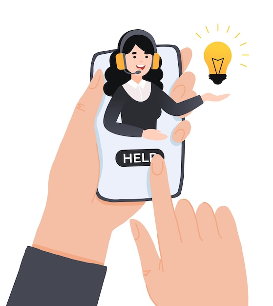 Concept customer and operator, online technical support 24-7 for web page. Vector illustration female hotline operator advises client. Online assistant, virtual help service.