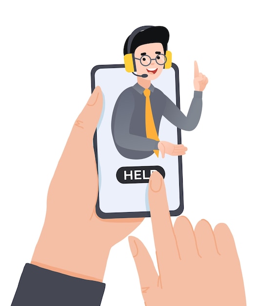 Vector concept customer and operator, online technical support 24-7 for web page. vector illustration male hotline operator advises client. personal assistant, online assistant, virtual help service.