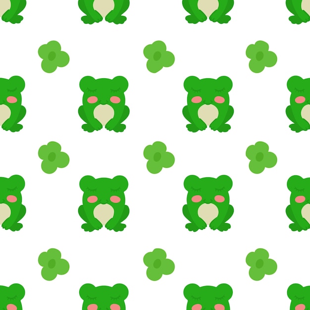 Concept of cute frog pattern Repeating joyful frogs and green flowers Vector illustration