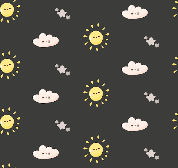 Concept cute weather seamless pattern doodle sun star and cloud icon cartoon vector illustration background Kindergarten texture decoration wallpaper happy childhood time