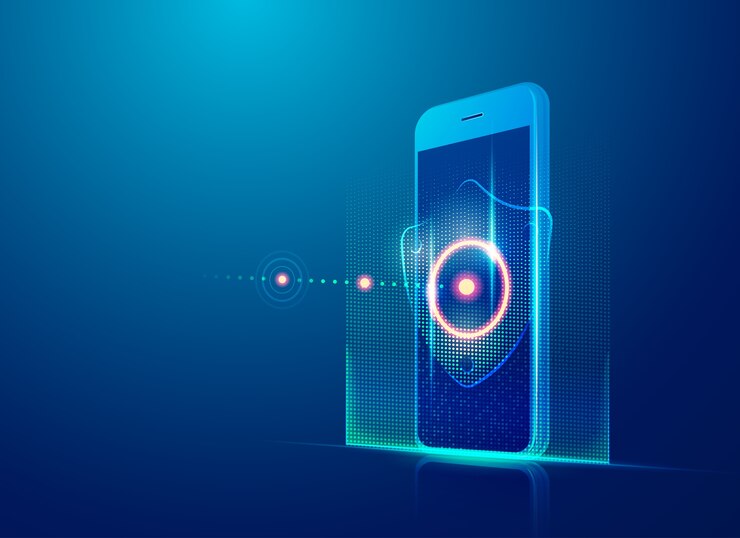Vector concept of cyber security technology, realistic mobile phone with data protection element