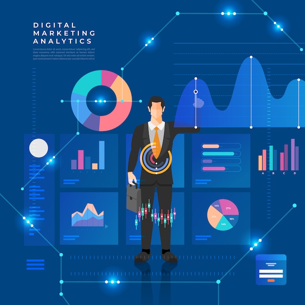   concept data analysis. Visualize with graph and chart marketing growth.  illustration.