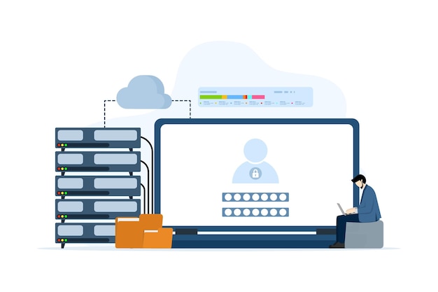 concept of database and security of personal data with characters accessing database