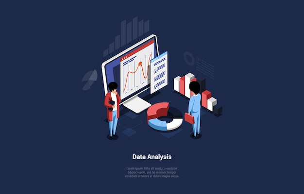 Concept design dell'idea di analisi dei dati. persone in piedi computer con informazioni su grafici e diagrammi schermo