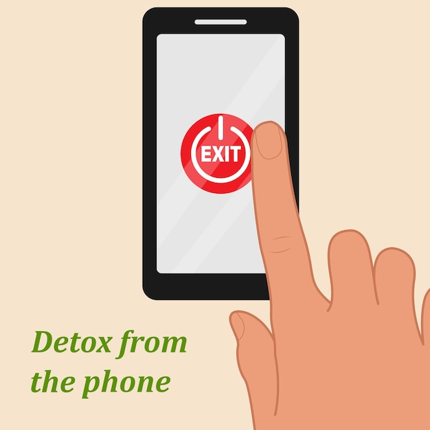 The concept of digital detox The finger presses the exit button