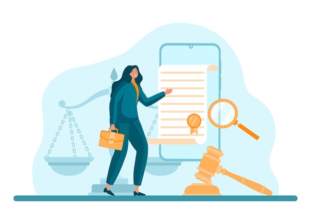 Vector concept of digital law woman with document and magnifying glass checking article working with