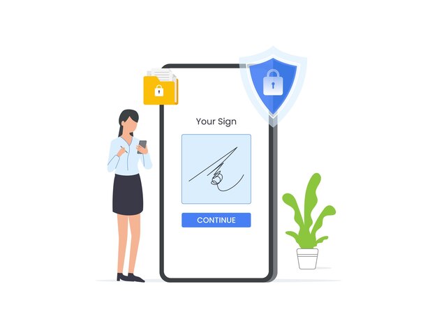 Vector concept of digital signature a businesswoman signs on a smartphone screen executing a digital or econtract isolated vector illustration