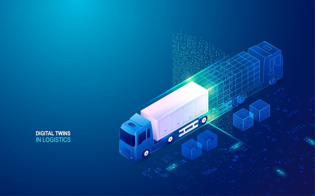 Vector concept of digital twins in logistics, container truck with technology element