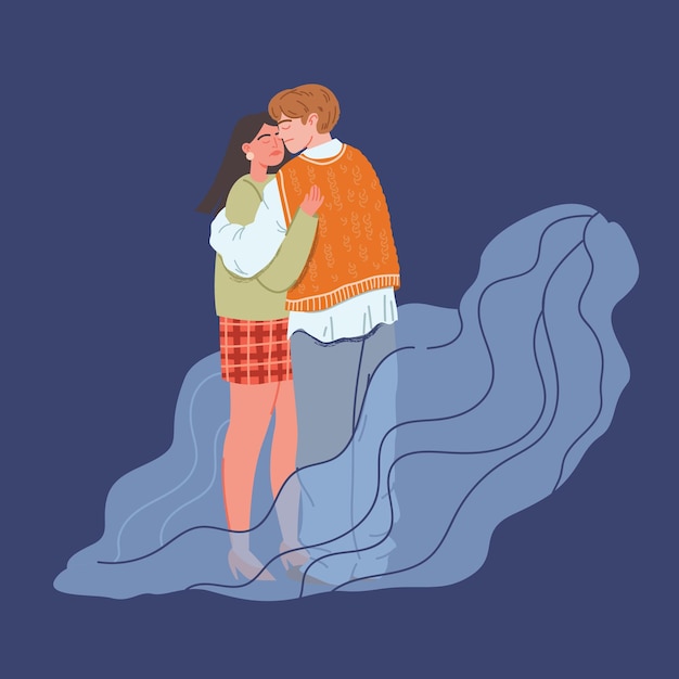 The concept of discord in the family cheating on a loved one sad girl hugging a man cartoon characters handdrawn vector illustration all elements are isolated