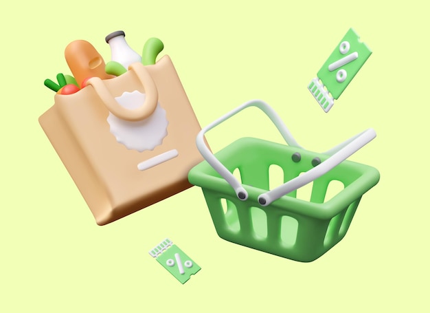 Concept of discounts in grocery store Shopping cart bag with food coupons with percent sign