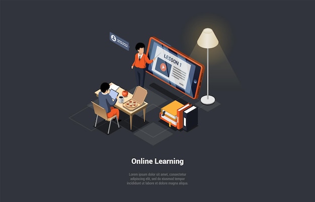 Concept of distance online elearning student at desk in classroom and listen to teacher on smartphone screen characters having an remote exam in classroom isometric cartoon 3d vector illustration