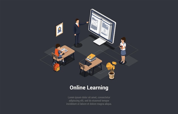 Concetto di studente di elearning online a distanza alla scrivania nell'ascolto del ragazzo dell'insegnante virtuale che segue un corso a distanza di apprendimento o riunione online con illustrazione vettoriale 3d isometrica di teleconferenza