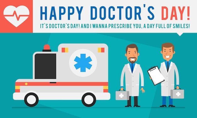 Concept doctors day ambulance auto en twee artsen met koffers. vectorillustratie. mensen karakter.