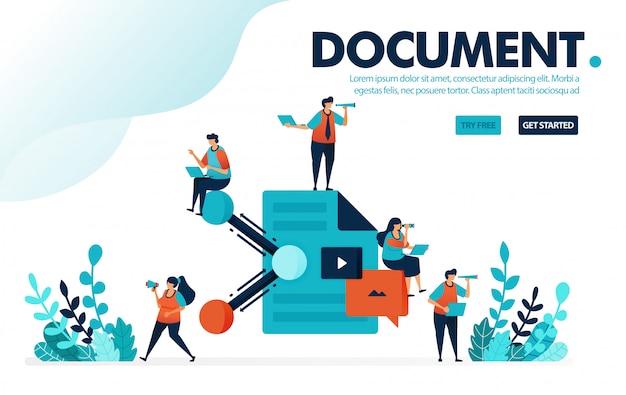 문서 공유, 사람들 협업 및 작업 문서 및 서류 공유의 개념.