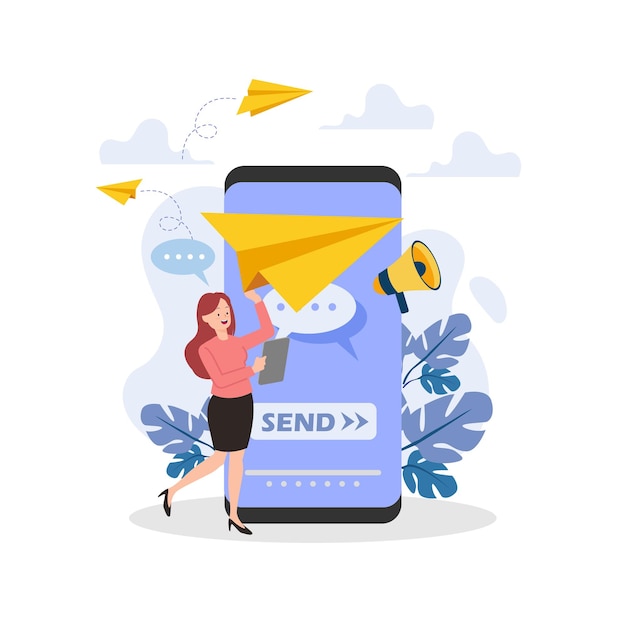 Concept dream with paper plane for send message flat design cartoon free vector