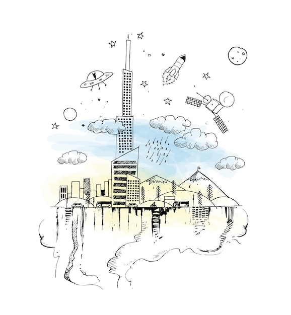 Concept of eco city pollution of city river Hand Drawn Sketch Vector illustration