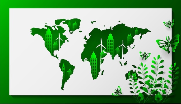 Concept of eco and green city with building paper cut design. save the world