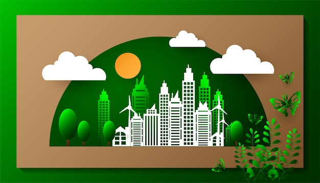 Concept of eco and green city with building paper cut design. save the world