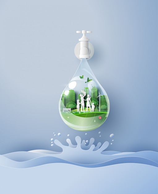 Vector concept of eco and wolrd water day with family