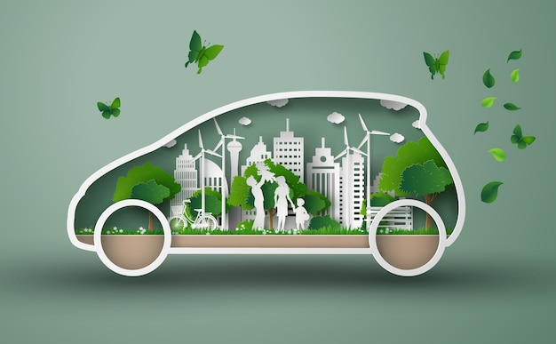 Concept ecoauto met familie en aard in de stad.