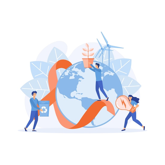 Concept of ecology awareness and sustainability. Eco-friendly people with Earth globe, saving planet. flat vector modern illustration