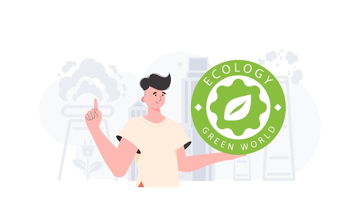 Vector 생태학과 녹색 에너지의 개념 그 남자는 eco 로고를 손에 쥐고 있습니다. 벡터 추세 그림
