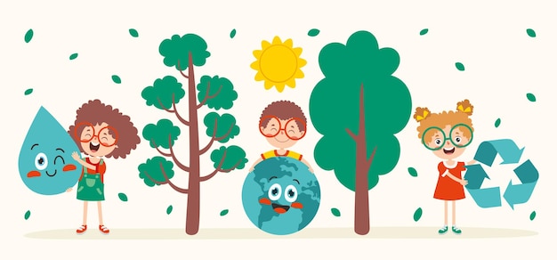 Concetto di ecologia e sostenibilità con cartoon kids