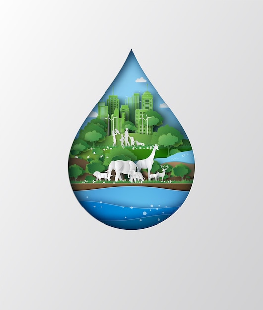 Concept of ecology and wolrd water day  paper art and digital craft style