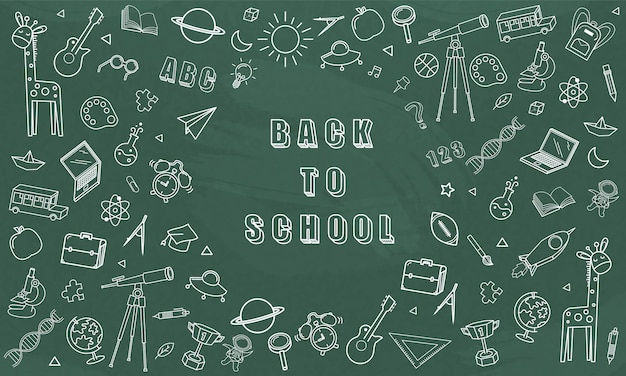 Vector concept of education school background chalkboard with different stuff welcome back to school design vector