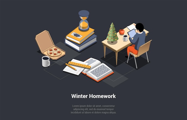 Concept Of Education In Winter Holidays Student Boy Doing His Homework Sitting At The Desk Near Christmas Tree Cup Of Coffee Pizza Ruler And Hourglass Isometric 3D Cartoon Vector Illustration
