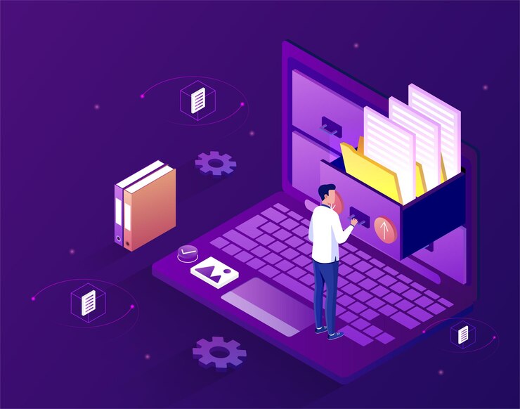 Vector concept of electronic file organization service a man stands on a laptop and puts electronic files