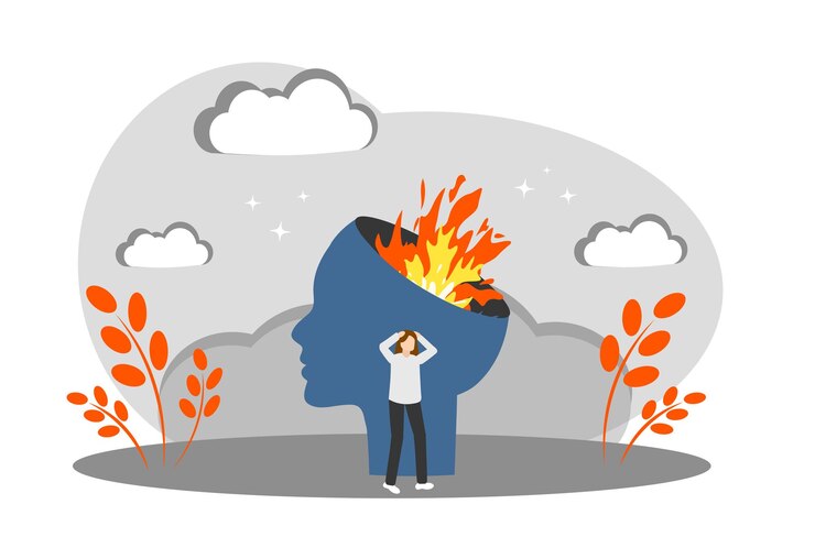 Vector the concept of emotional burnout and depression fire in the head fatigue