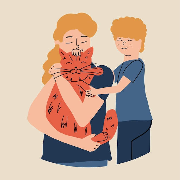 The concept of emotional support animal mom son and their cat the boy is petting his pet vector illustration in hand drawn style