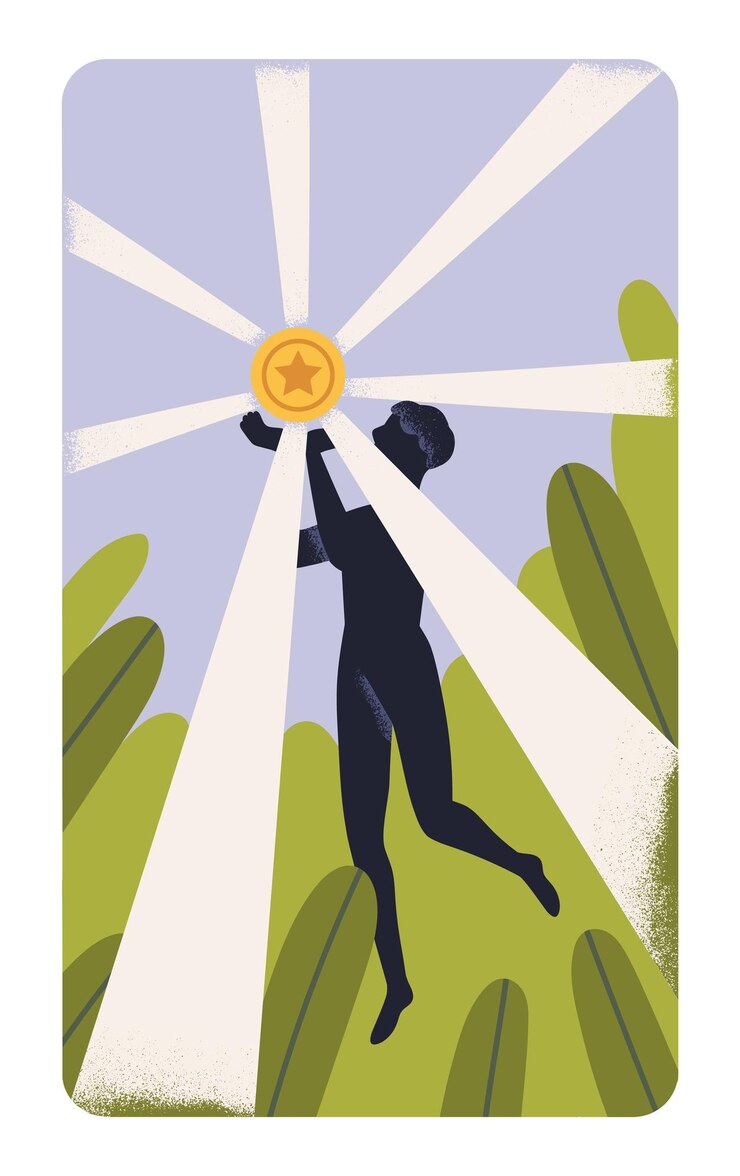 Vector concept esoteric card person and coin pentacle treasure finance opportunity chance financial fortune metaphor secret mystic poster with man and aspiration to wealth flat vector illustration