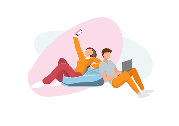 Vector the concept of a estranged society even if you sit next to each other but both people live their lives on social media flat style cartoon illustration vector