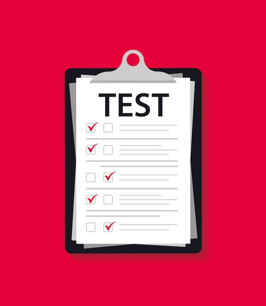 Concept exam, survey, testing. test form with clipboard. test mark on a folder. examining. passing the knowledge test and exam. iq test. online survey. checklist, internet surveying list, test form