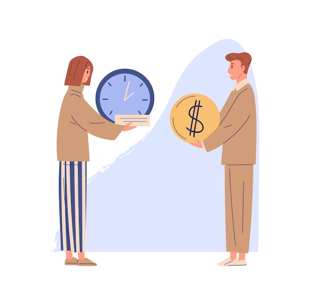 Vector concept of exchanging time for money and getting salary for work. woman with clocks and man holding dollar coin to pay for job. flat vector illustration of employer and employee isolated on white.