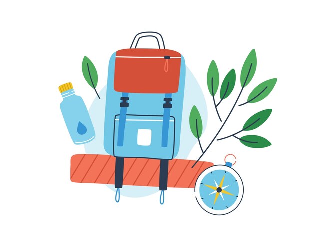 Vector concept of exploration, ecotourism and hiking. composition of a backpack, bottle of water and compass decorated with leaves isolated on white background. tourism flat vector cartoon illustration.