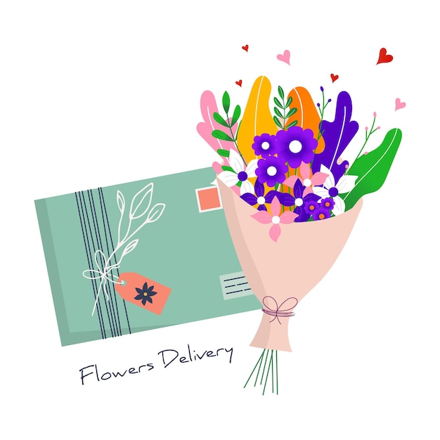 Concept for fast flower delivery with craft paper envelope. online delivery service with bouquet