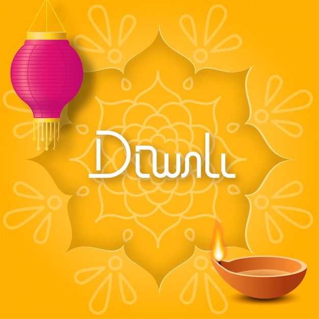 Concept feestelijke Diwali met papieren rangoli, hangende roze papieren lantaarn en olielamp diya op gele achtergrond voor poster of kaart