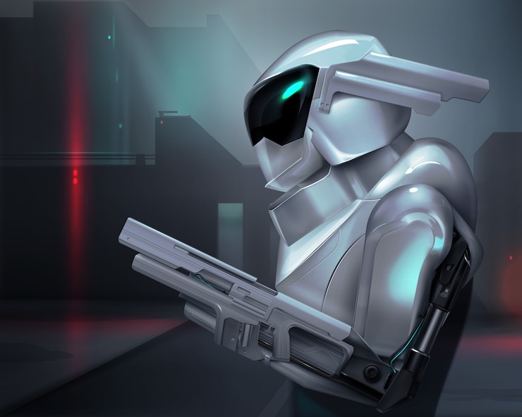 Vector concept of fictional armed robot police officer or soldier with futuristic background