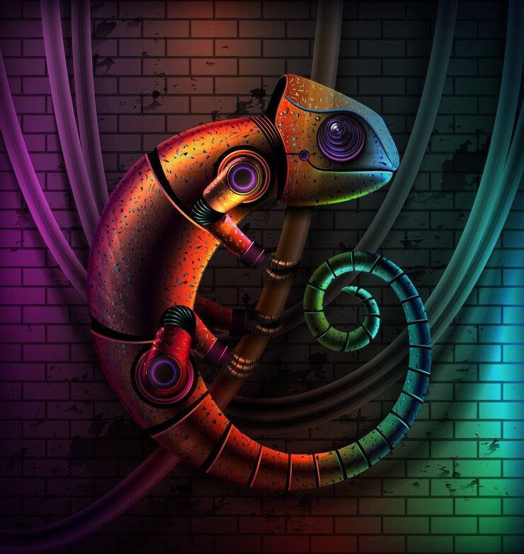 Vector concept of fictional multicolored robot reptile chameleon