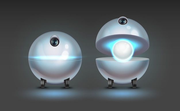 concept of fictional spherical robot assistant with camera isolated on dark background