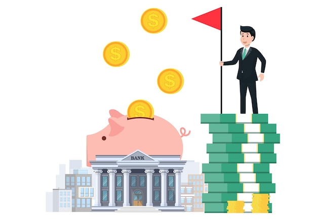 The concept of financial growth Illustration in the form of a bank building a piggy bank with coins and a man standing on a bundle of money