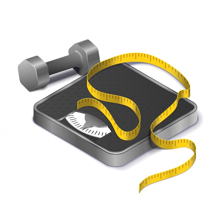 Concept fitness gewicht verliezen met meetlint op gewichtsschaal en metalen halter realistische isometrisch