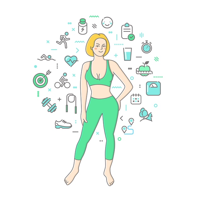 Concept of fitness girl in line art illustration