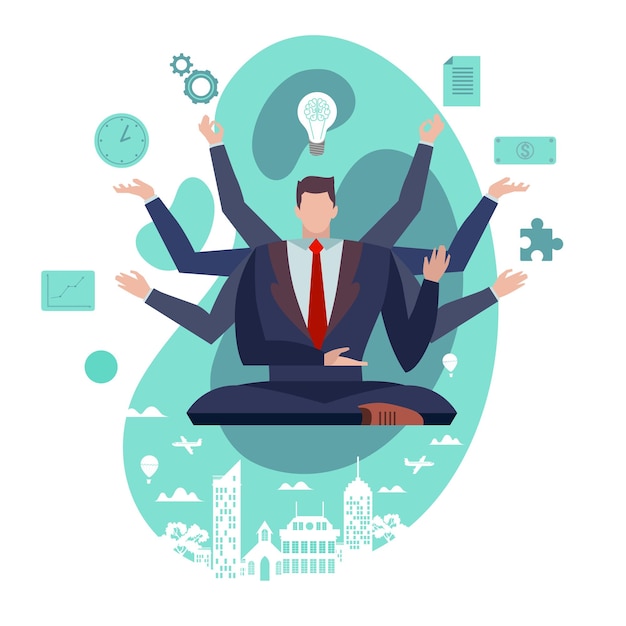 Vector concept flat illustration businessman with multitasking skills man in suit with many arms working on different tasks at the same time